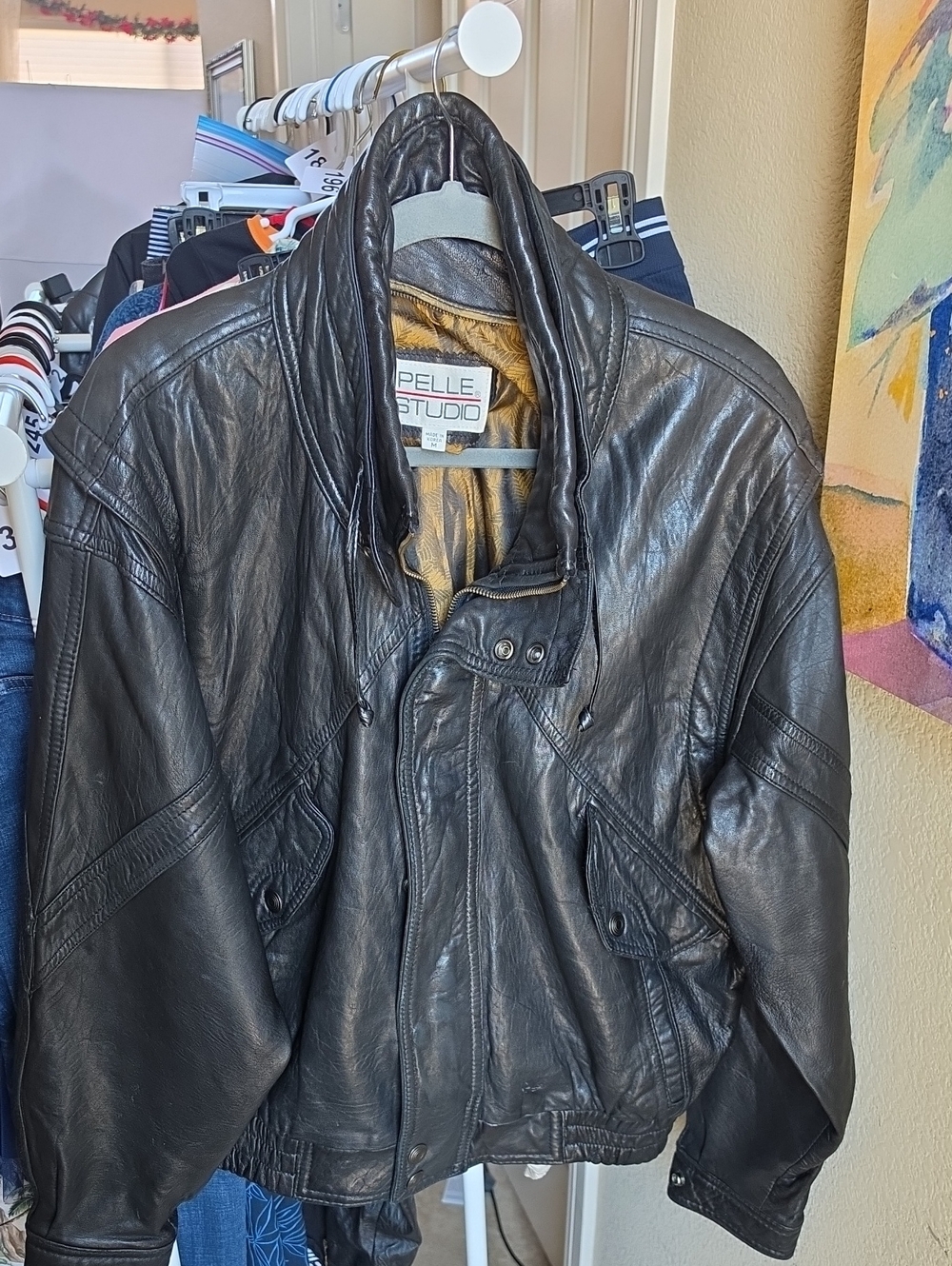 #0208 Pelle Studio Vintage Black Leather High Neck Drawstring Bomber Jacket M